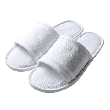 White terry cloth slippers, soft open toe hotel spa footwear, cozy home slippers for bathroom and travel use isolated on Transparent Background