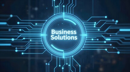 Obraz premium Glowing business solutions text inside a digital circuit with a dark background