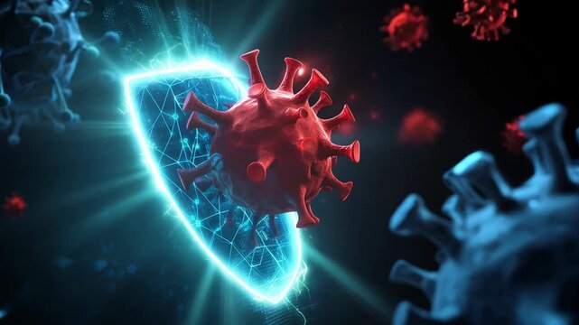 Digital shield blocks red virus cell, symbolizing immune defense, protection, health security, and futuristic science virus shield protection, digital security, defense, health, technology