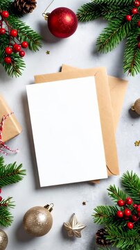 Christmas greeting card and envelope with festive decorations and pine branches
