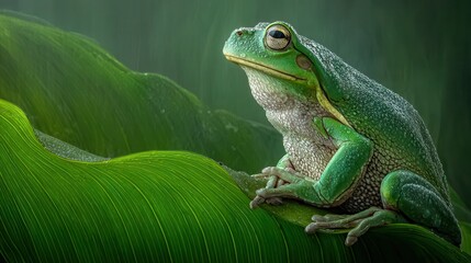 Fototapeta premium Vibrant Green Amphibian Perched Gracefully On Lush Verdant Foliage