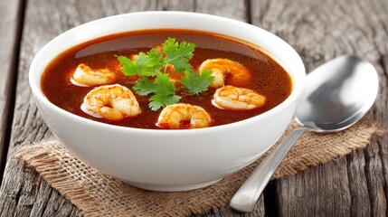 Savory Shrimp Broth Soup With Fresh Garnish And A Spoon