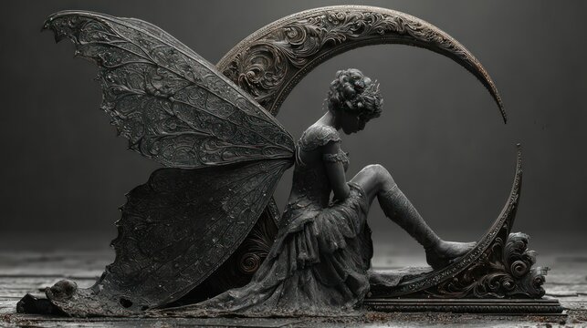 Black and white fairy statue with crescent moon