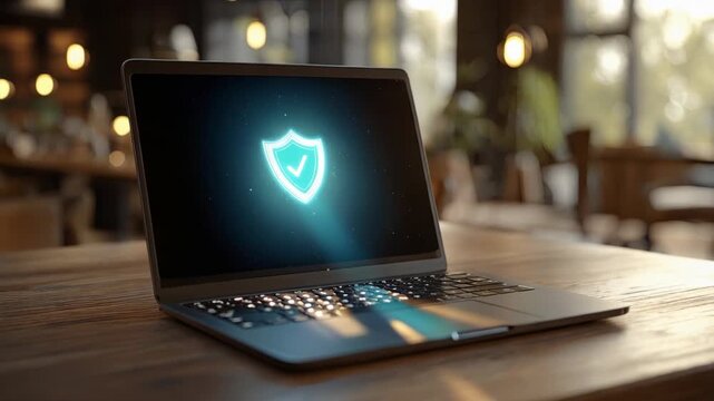 Laptop Security Shield Glowing Checkmark Wooden Table Modern Workspace, Technology Protection and Digital Safety, Cozy Interior with Subtle Light Reflections and Secure Atmosphere for Enhanced