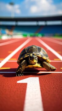 Turtle crawls on a red athletic track with stadium seating in the background