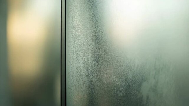 Steamy frosted glass pane with water droplets showing an abstract background of soft blurred light, conveying concepts of privacy, tranquility, and diffusion