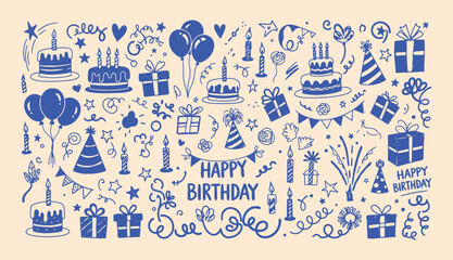 Hand drawn birthday doodle collection featuring party cakes balloons gifts and celebration elements © Arshad