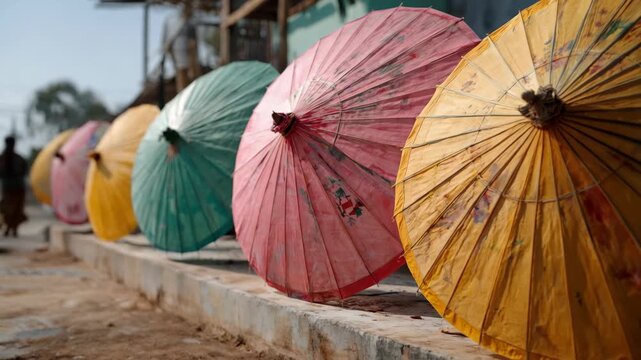 Colorful umbrella paper umbrella traditional handmade outdoor sunlight decorative vibrant cultural craft, subtle wind animating their surfaces, artistic detail outdoor market, Southeast Asia parasol