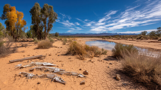 Dry cracked desert ground with animal skeletons near small water pool under blue sky during heat wave in barren landscape