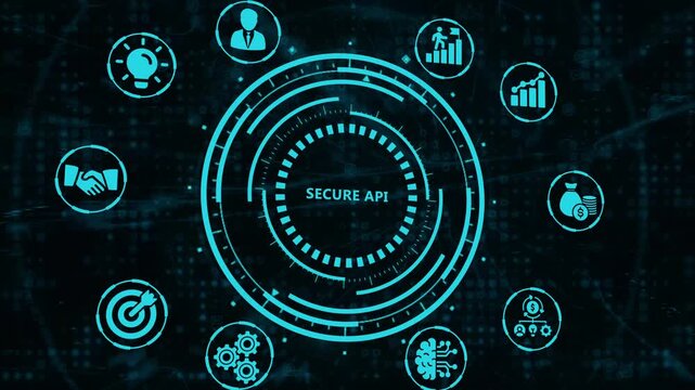 Abstract digital network with a central 'Secure API' hub, surrounded by icons representing data, growth, and security. Illustrates cybersecurity and connectivity.