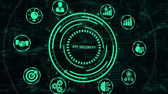 Abstract digital background visualizing API security and data protection, surrounded by icons representing network connections, business insights, and online services. Modern cyber security concept.