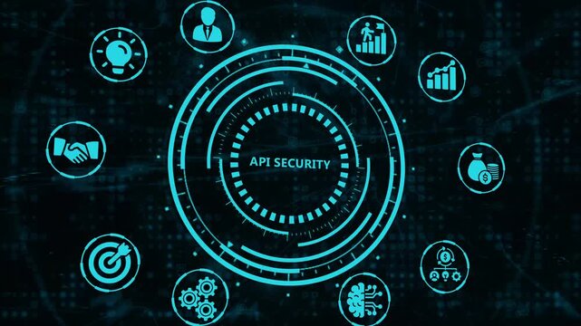 Modern digital network illustration showcasing API security technology with interconnected data flow icons and glowing analytics charts, representing data protection.