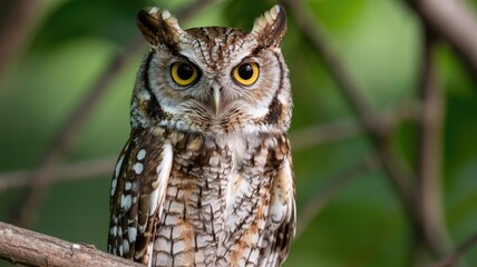Fototapeta premium Close-up of owl perched on branch with vibrant yellow eyes