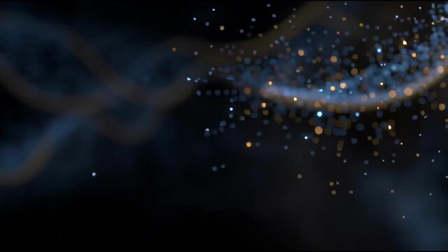 Luminous double helix glowing particles abstract background with blue and gold bokeh, dynamic motion, futuristic digital science technology energy, elegant vibrant modern creative visual
