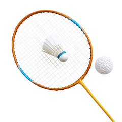 A badminton racket with shuttlecock and golf ball