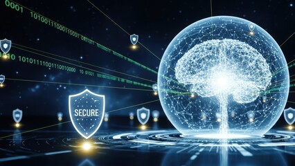 Fototapeta premium A glowing brain with neural network connections surrounded by binary code and security shields on a dark blue background