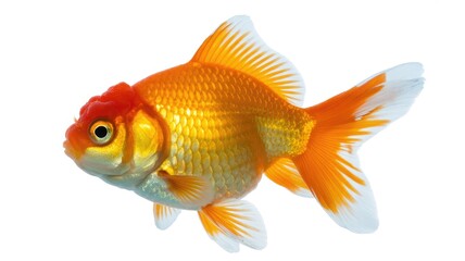 Fototapeta premium Vibrant goldfish with orange and white fins swimming against white background
