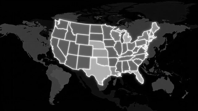 United States of America Map on the World: A simplified grayscale illustration showcases the United States, outlined against a subtly visible world map.