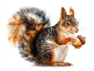 Obraz premium AI Generated: Cute fluffy squirrel holding an acorn on white background.