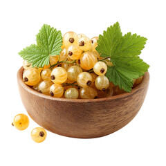 White or yellow currant in wooden bowl isolated on transparent background.