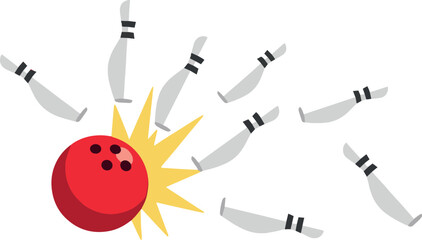 Red bowling ball hitting pins, cartoon illustration