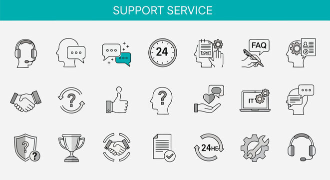 Vector icons set illustrating customer service support features including helpdesk chat tickets FAQ IT assistance feedback and round-the-clock