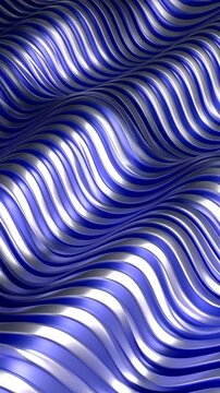 Flowing waves of blue and silver metallic stripes create an abstract undulating surface texture