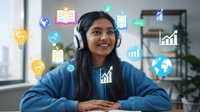 Focused young female student wearing headphones immerses herself in digital learning concepts including glowing books rising charts and global understanding icons