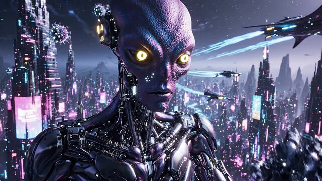 Futuristic Alien Overlooking Neon City - A detailed video of an extraterrestrial being with glowing yellow eyes and biomechanical features stands against a backdrop of a vibrant, futuristic cityscape