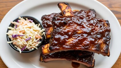 Delicious, juicy BBQ pork ribs glazed in smoky barbecue sauce served with fresh, creamy coleslaw. Perfect for comfort food, American cuisine, restaurant menus, or dinner concepts.