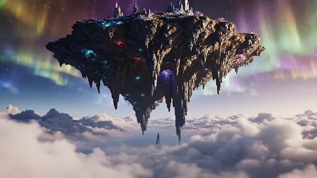 Floating Mystical Island in the Clouds - A fantastical floating island hovers above a sea of clouds, adorned with colorful, luminous crystals embedded in its rugged surface.
