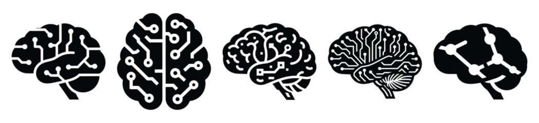 Stylized icon set of a ai digital brain on white background. Machine learning silhouette Icons in solid and silhouette versions.