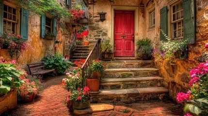 Fototapeta premium Old world courtyard entry showcases vibrant flowers and a bright red entrance