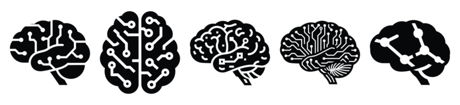 Stylized icon set of a  ai digital brain on white background. Machine learning silhouette Icons in solid and silhouette versions.
