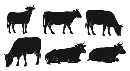 Collection of black cow silhouettes in various poses.