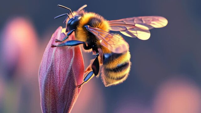 Furry bumblebee landing on a blooming flower bud against a soft bokeh background