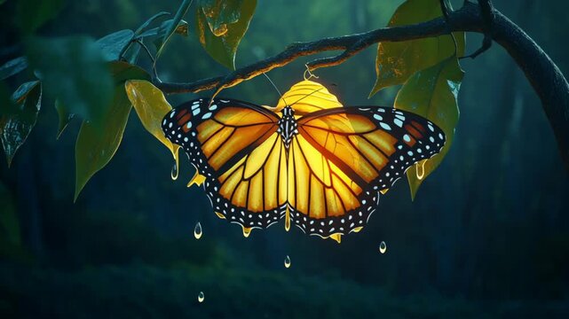 Luminous golden chrysalis pulsing with light against a dark forest background