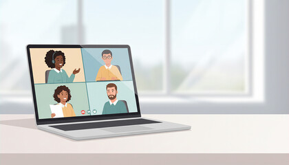 Fototapeta premium A laptop displaying a video conference with four diverse participants on a desk in a bright room with a window in the background.