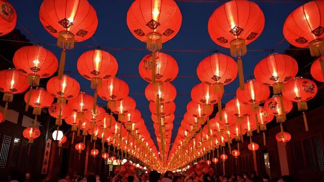Vibrant Red Lantern Festival at Dusk - The video captures an enchanting view of numerous red lanterns hanging in rows, illuminated against the night sky.