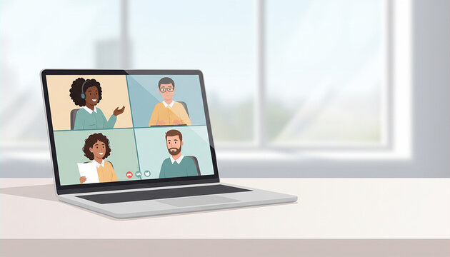 A laptop displaying a video conference with four diverse participants on a desk in a bright room with a window in the background.