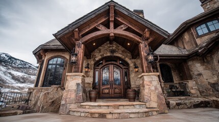 Obraz premium Rustic mountain estate entrance features heavy timber accents and natural stone masonry