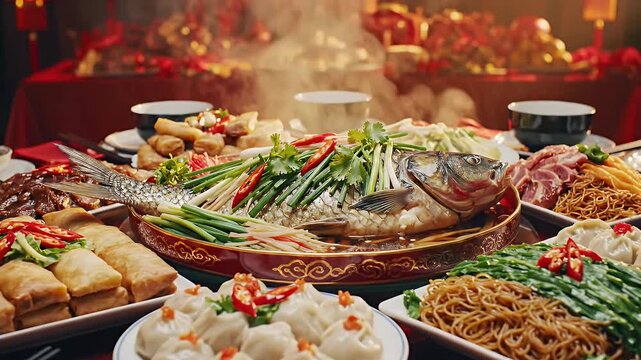 Festive Chinese Banquet Spread - A lavish festive banquet table featuring a beautifully garnished steamed fish as the centerpiece, surrounded by an array of traditional Chinese dishes such as