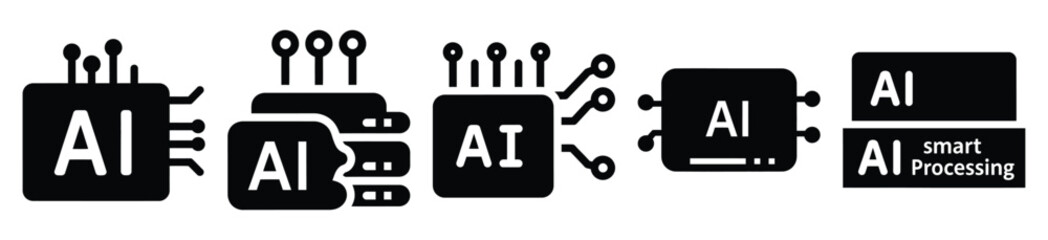 Obraz premium Stylized icon set of a ai smart processing on white background. Machine learning silhouette Icons in solid and silhouette versions.