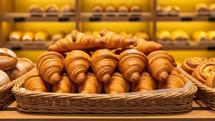 Freshly baked golden croissants piled high in a rustic wicker basket at a charming bakery display. Perfect for breakfast, patisserie, or gourmet food concepts, showcasing delicious, flaky pastries.