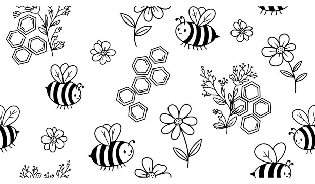 Cute bee honey seamless pattern vector with hand drawn summer flowers