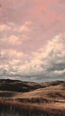 Fototapeta premium Vibrant photo of Impressionist landscape painting of rolling hills under a soft pink sunset sky