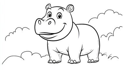 Cute hippo in cartoon style, on a background of clouds. Childrens book illustration