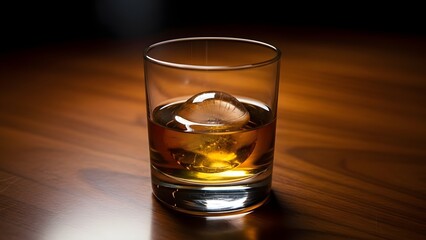 Sophisticated glass of whiskey with a large ice sphere on a warm wooden table. Perfect for illustrating premium alcoholic beverages, elegant drinks, or relaxing evening scenes.