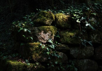 Moss-covered stone wall bathed in sunlight