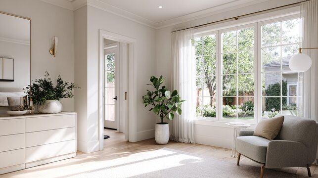 Bright airy interior with large window featuring natural daylight and modern design